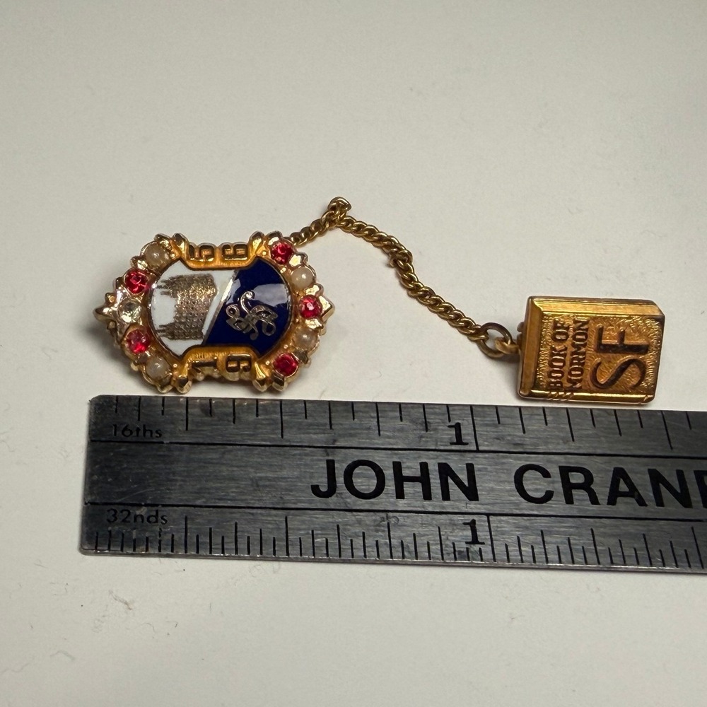Vintage 1956 LDS Seminary Pin Book of Mormon SF Charm Gold Tone Rhinestone